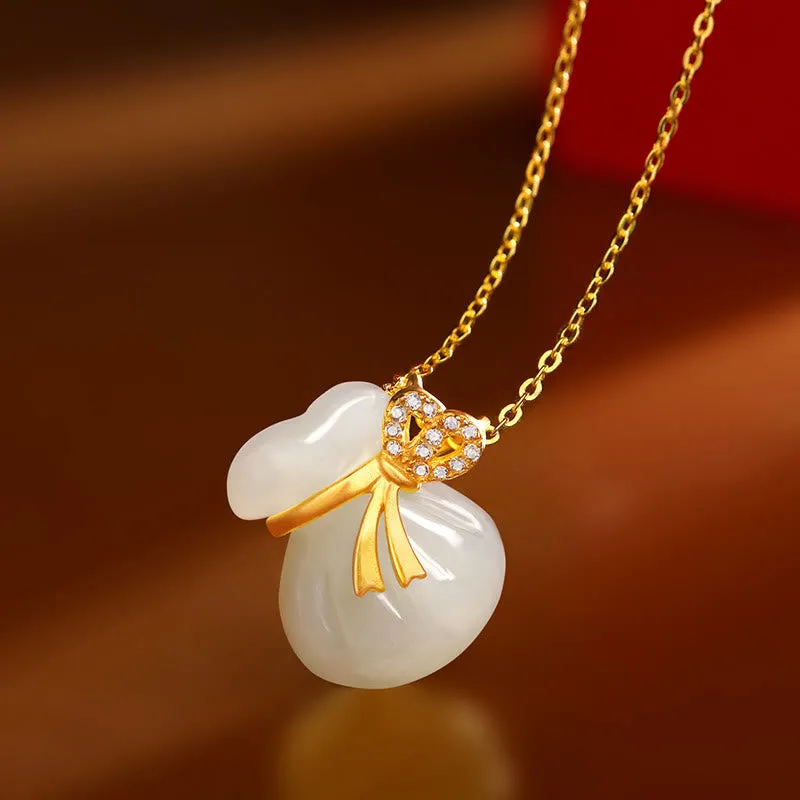 Hetian White Jade Money Bag Necklace Pendant with Luck Muse Blessings