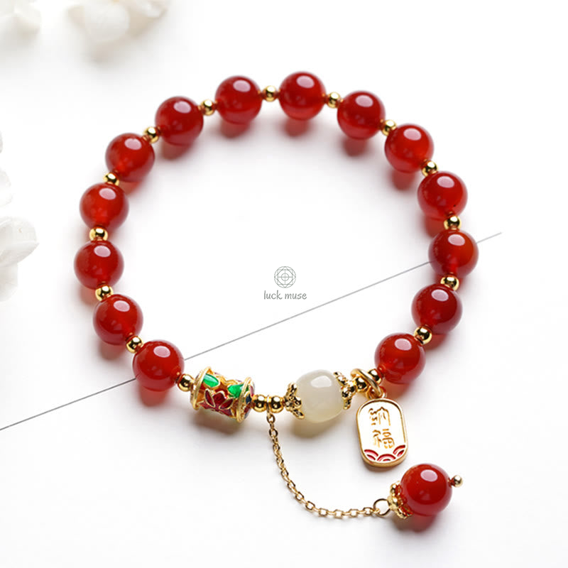 Natural Red Agate and Hetian Jade Fu Character Confidence Bracelet - Image 2