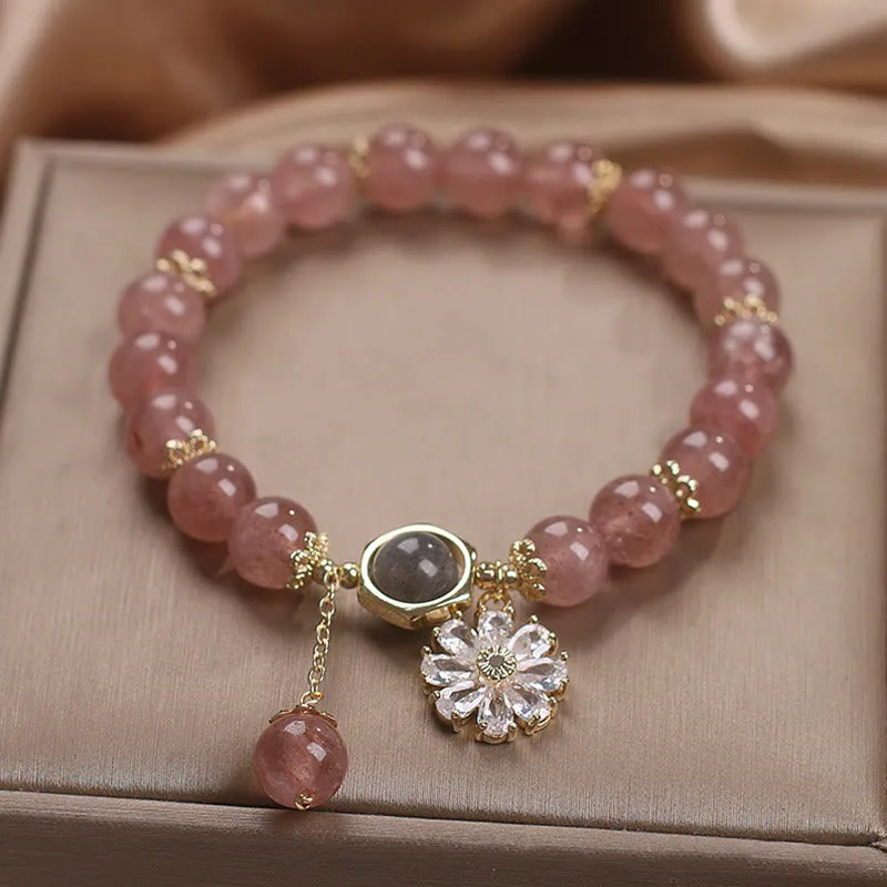 Strawberry Quartz Crystal Daisy Charm Healing Bracelet - Image 5