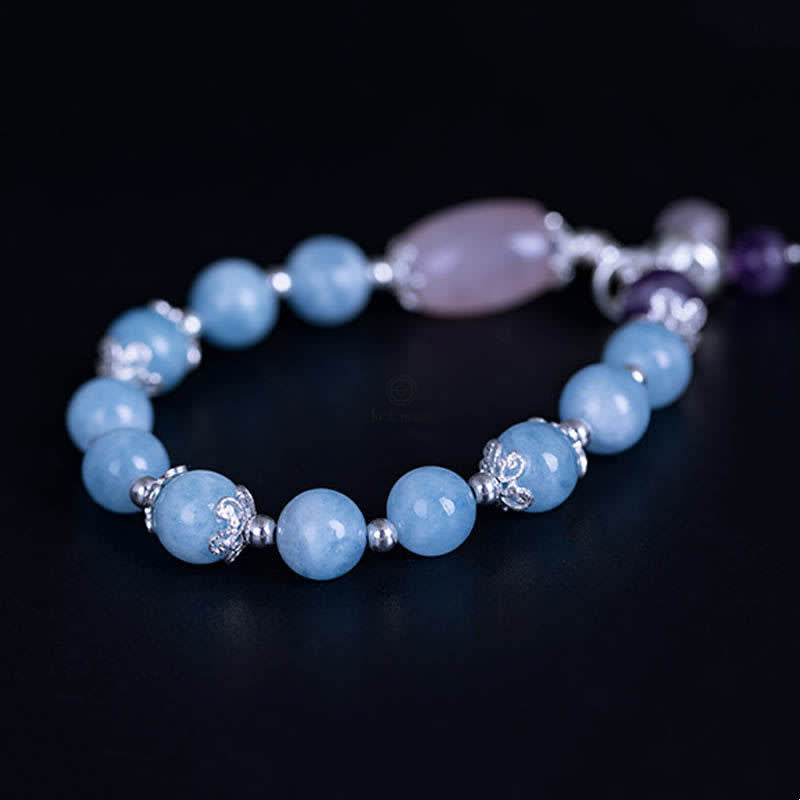 925 Sterling Silver Aquamarine Amethyst Lotus Charm Bracelet - Luck Muse Healing Bracelet - Image 6