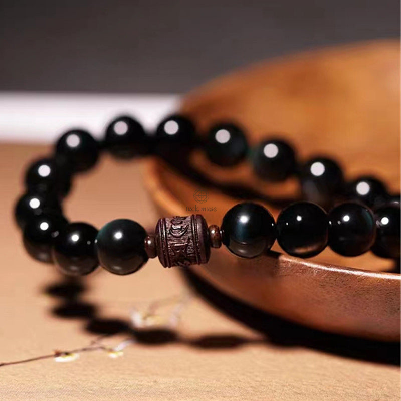 Natural Gold Sheen Obsidian Rainbow Obsidian Om Mani Padme Hum Healing Bracelet - Image 30