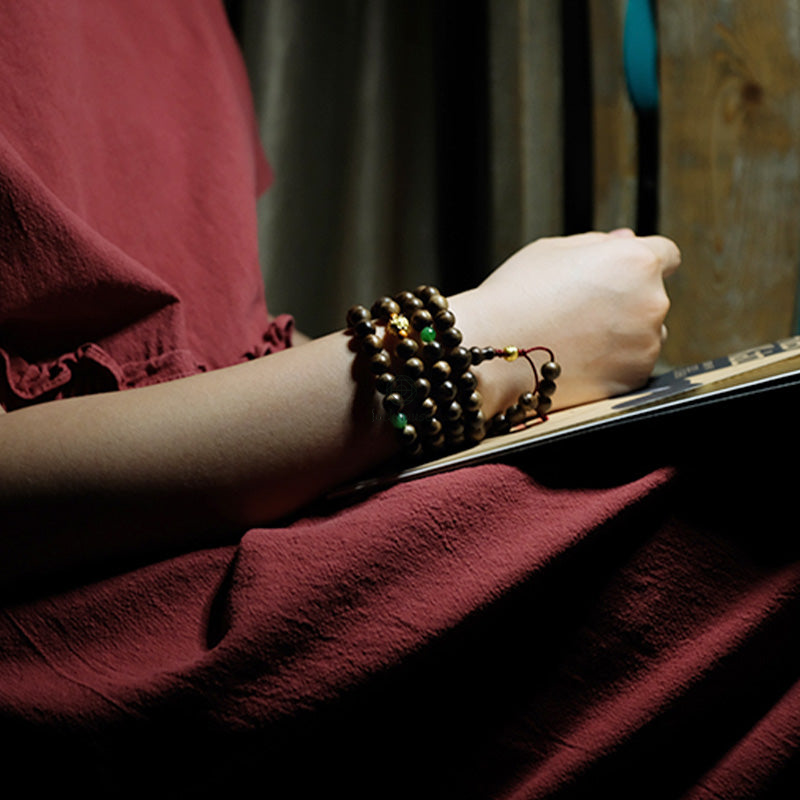 Luck Muse 999 Gold 108 Mala Beads Agarwood Cyan Jade Six Words Strength Bracelet - Image 7