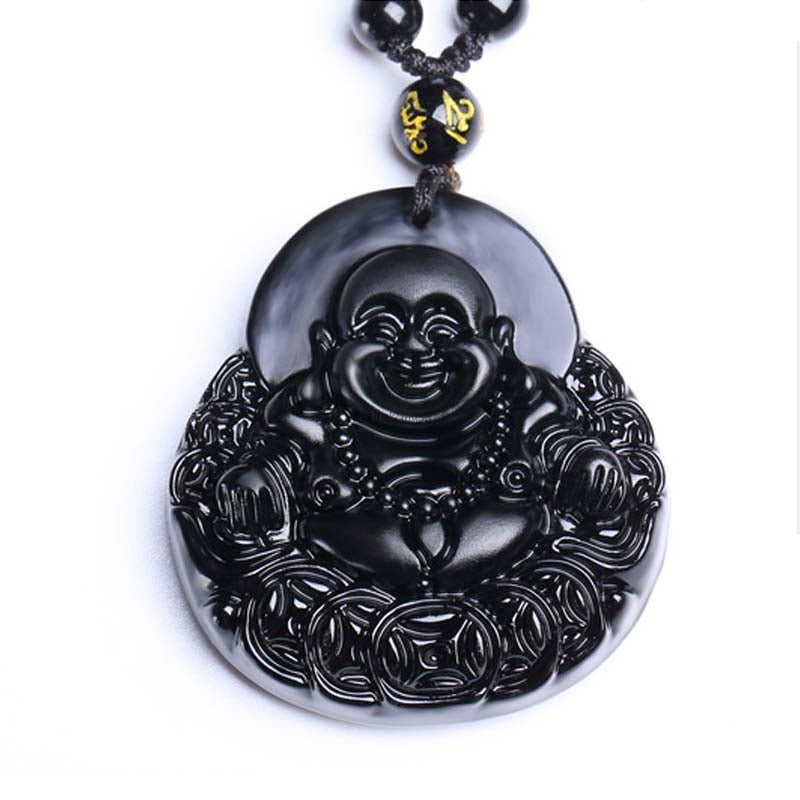 Laughing Buddha Black Obsidian Protection Pendant Necklace - Luck Muse Shop - Image 6