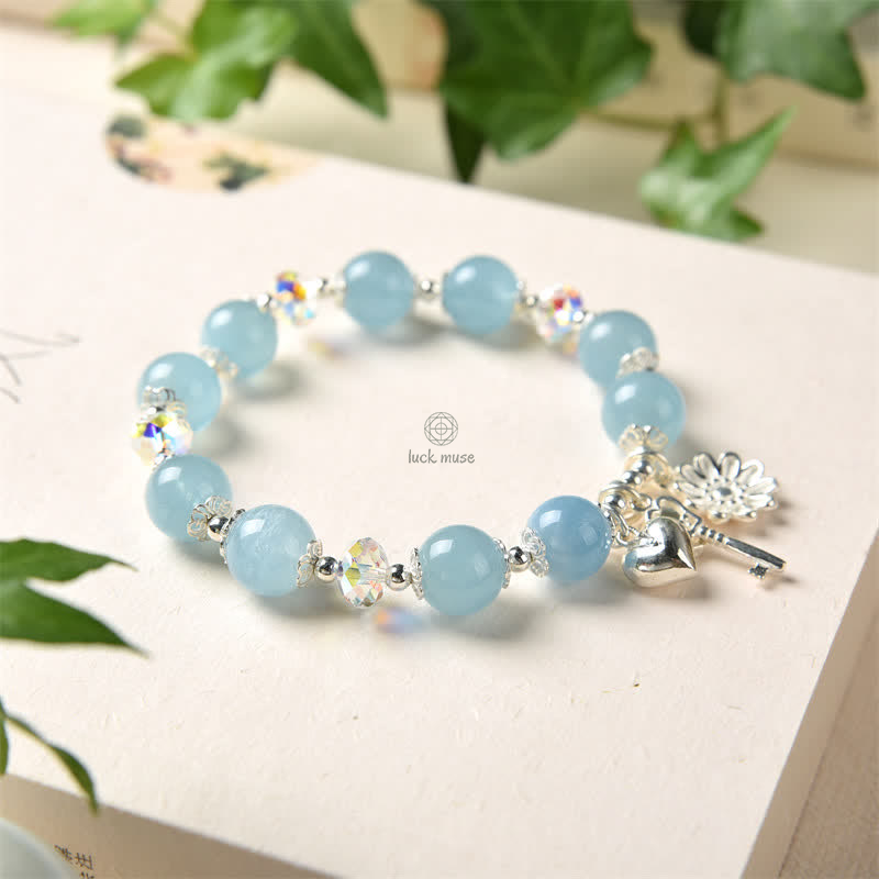 925 Sterling Silver Aquamarine Serenity Flower Key Charm Bracelet - Image 6