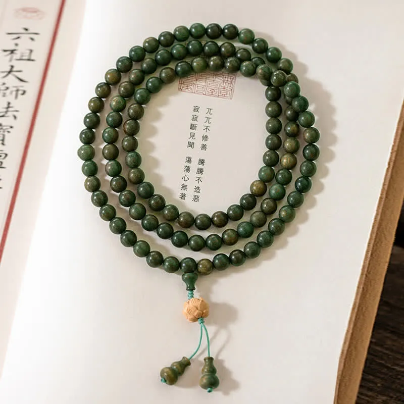 Luck Muse 108 Mala Beads Bracelet with Green Sandalwood Boxwood Lotus Design - Image 12