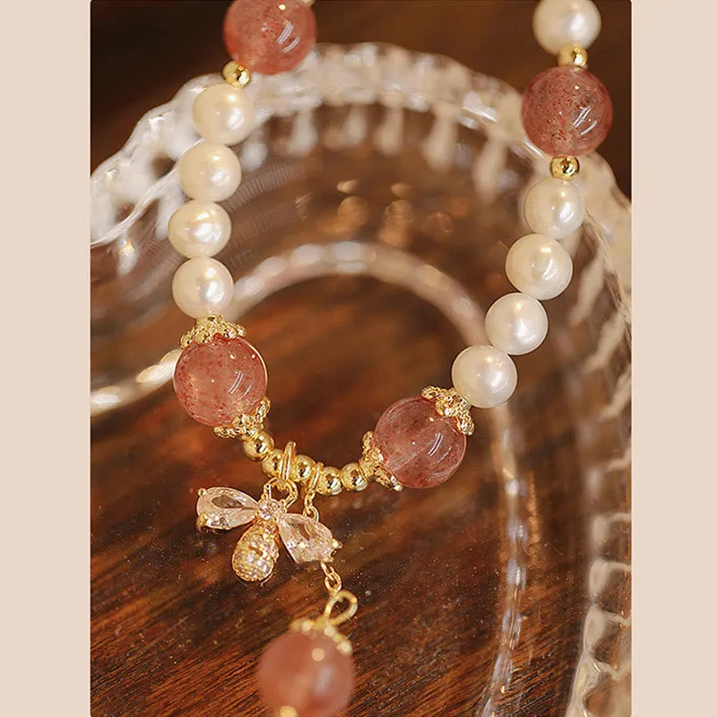 Natural Strawberry Quartz and Pearl Healing Bracelet with Honey Bee Charm - Image 5