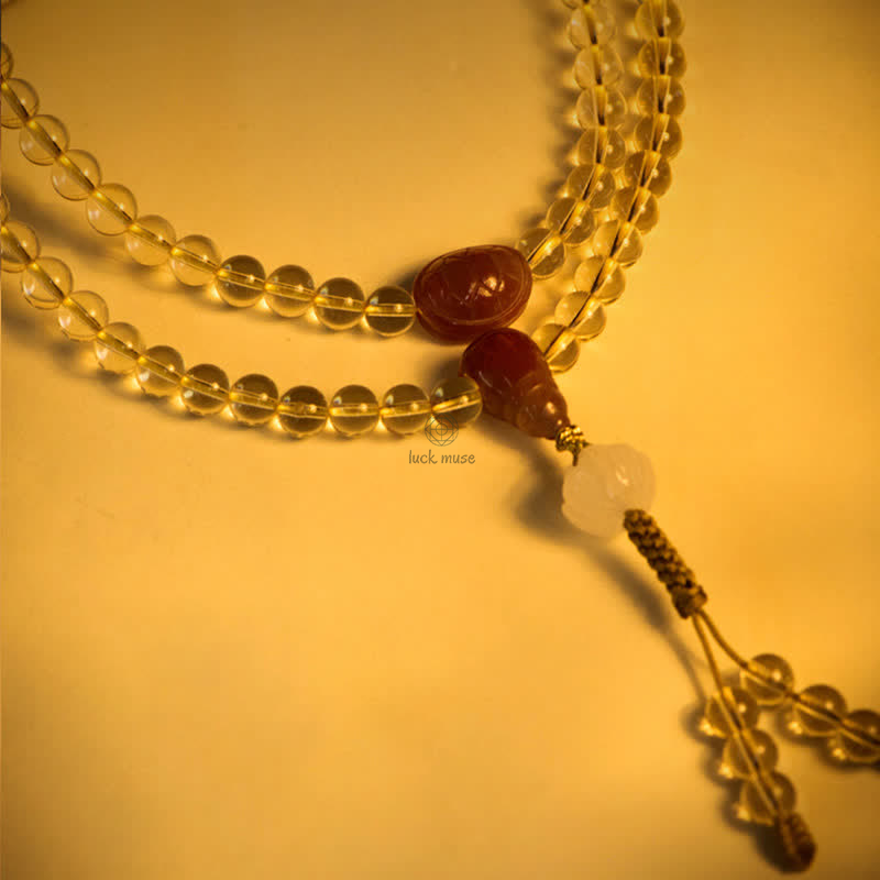 Luck Muse 108 Mala Beads Bracelet with 925 Sterling Silver, Natural Citrine, Red Agate, and White Jade Prosperity Charm - Image 7