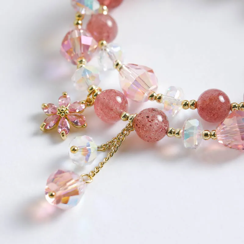 Luck Muse Strawberry Quartz and Zircon Floral Healing Double Wrap Bracelet - Image 2