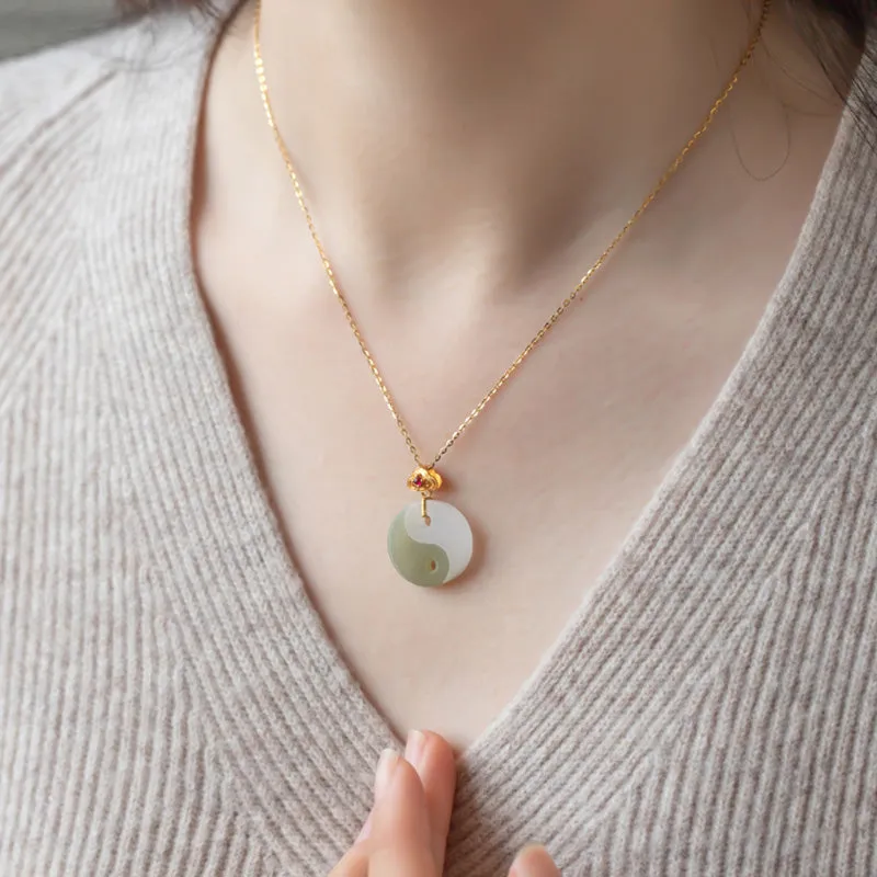 Luck Muse Yin Yang Jade Necklace Pendant with 18K Gold for Luck and Prosperity - Image 3