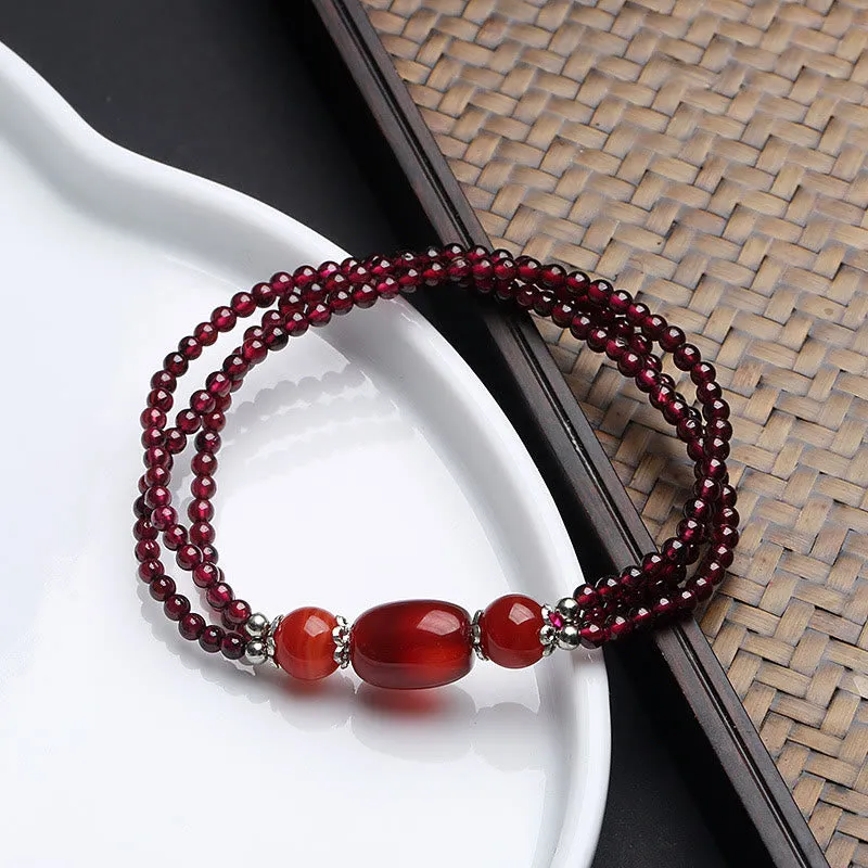 Natural Garnet and Red Agate Triple Layer Bracelet with Luck Muse Protection - Image 2