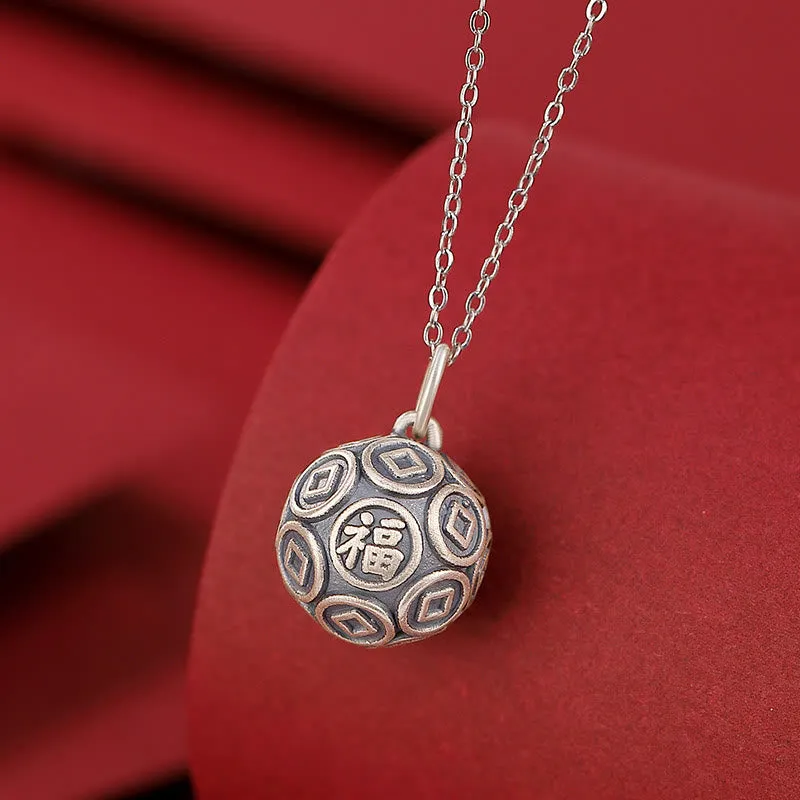 Luck Muse 990 Sterling Silver Fu Character Copper Coin Luck Fortune Pendant Necklace