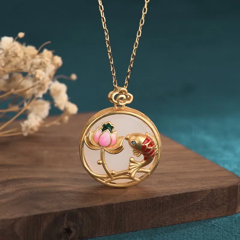 White Jade Koi Fish Lotus Blessing Necklace With Pendant