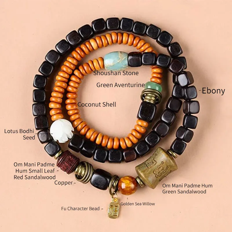Green Sandalwood Ebony Om Mani Padme Hum Engraved Peace Triple Wrap Bracelet with Luck Muse - Image 16