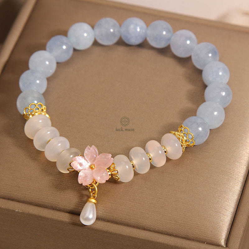Aquamarine White Agate, Pearl and Abacus Beads Healing Bracelet with Luck Muse - Image 9