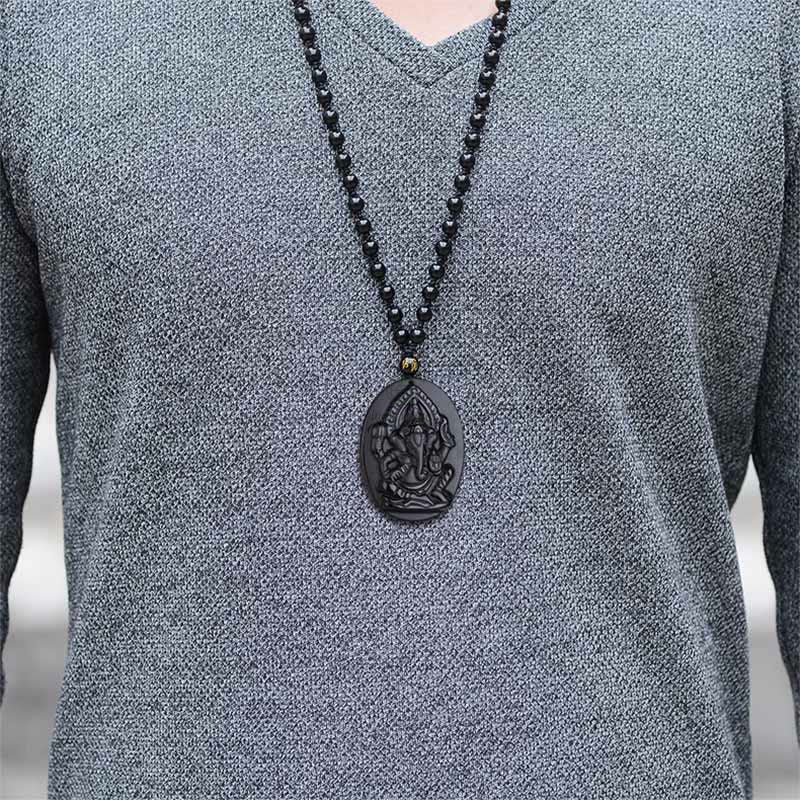 Tibetan Obsidian Ganesh Elephant Wealth Amulet Necklace - Image 7