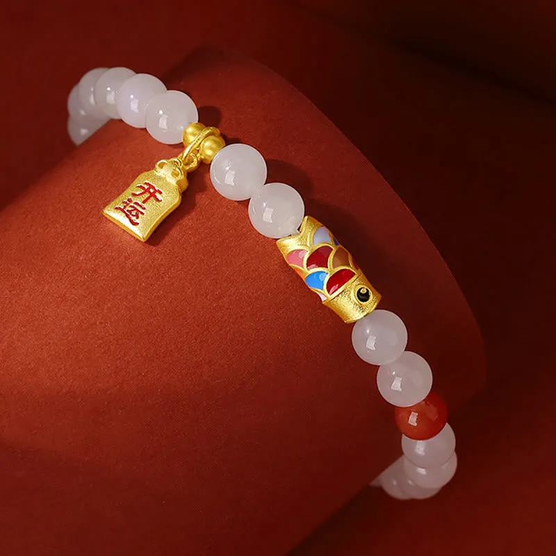 Hetian White Jade and Red Agate Koi Fish Luck Bracelet in 925 Sterling Silver - Image 2