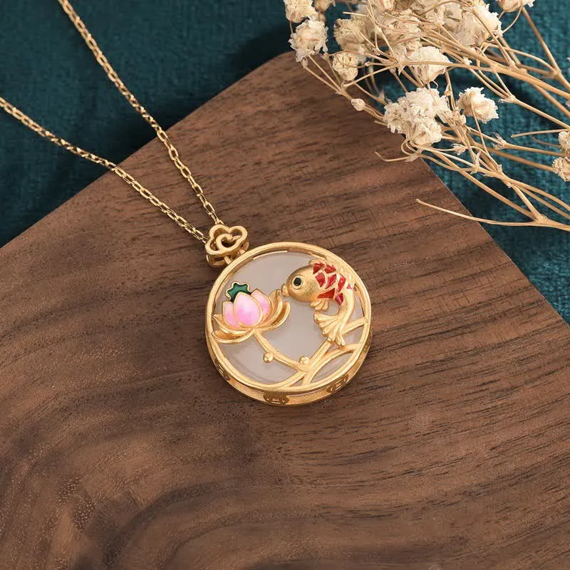 White Jade Koi Fish Lotus Blessing Necklace With Pendant - Image 2
