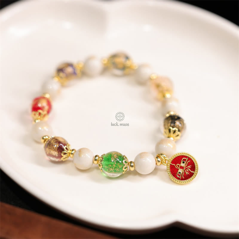 Luck Muse Tibetan Five Wealth God Fortune Charm Bracelet with Liuli Glass Beads, Incense Ash, and Porcelain Beads