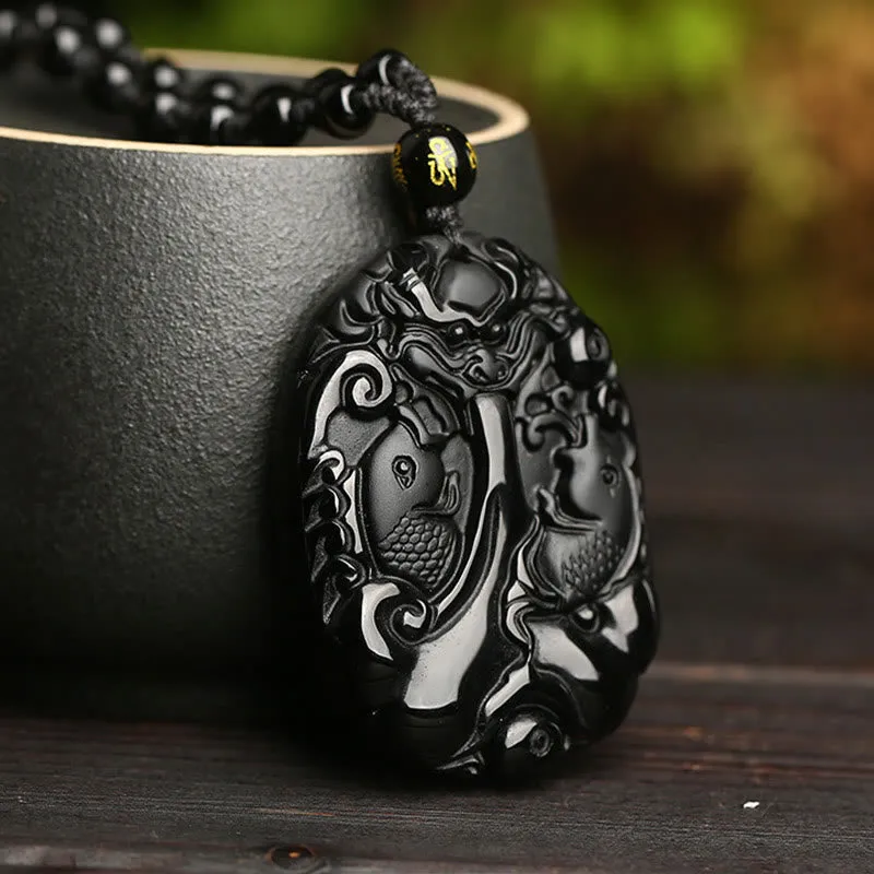 Black Obsidian Koi Fish Beaded Rope Necklace with Luck Muse Pendant - Image 3