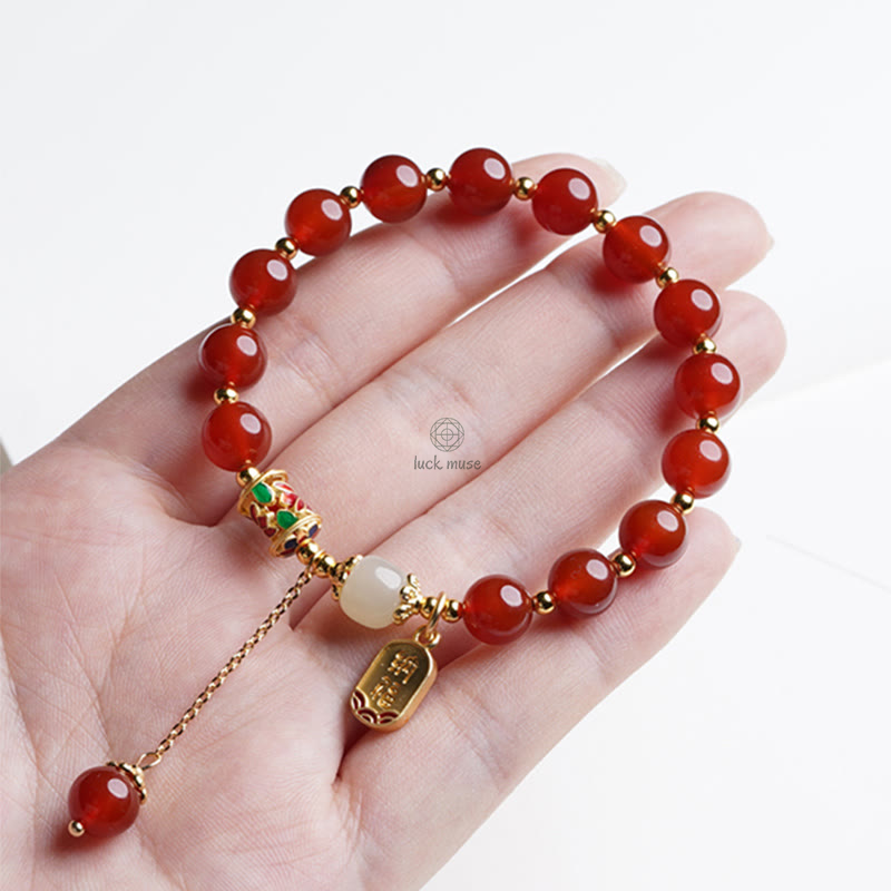 Natural Red Agate and Hetian Jade Fu Character Confidence Bracelet - Image 8