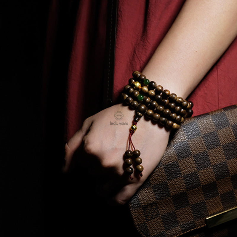 Luck Muse 999 Gold 108 Mala Beads Agarwood Cyan Jade Six Words Strength Bracelet - Image 6