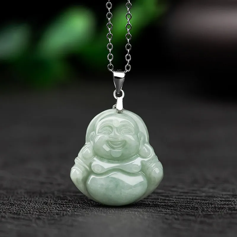 Laughing Buddha Jade Blessing Necklace - 925 Sterling Silver Chain Pendant