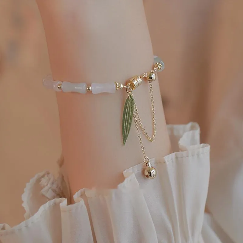 Luck Muse 14K Gold Plated Hetian White Jade Bamboo Leaf Lucky Protection Bracelet - Image 3