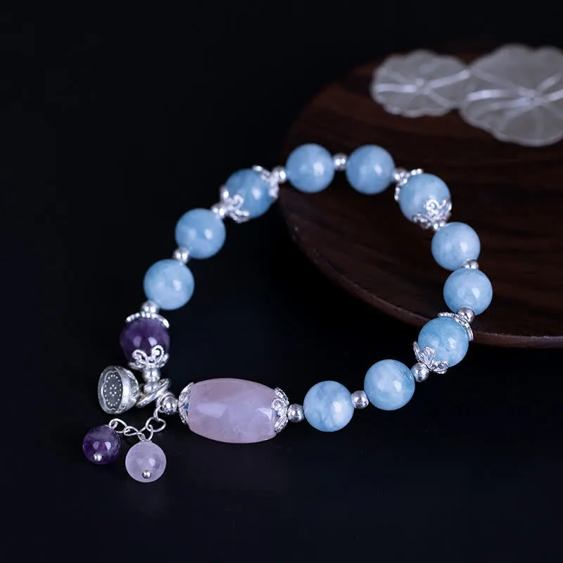 925 Sterling Silver Aquamarine Amethyst Lotus Charm Bracelet - Luck Muse Healing Bracelet - Image 4