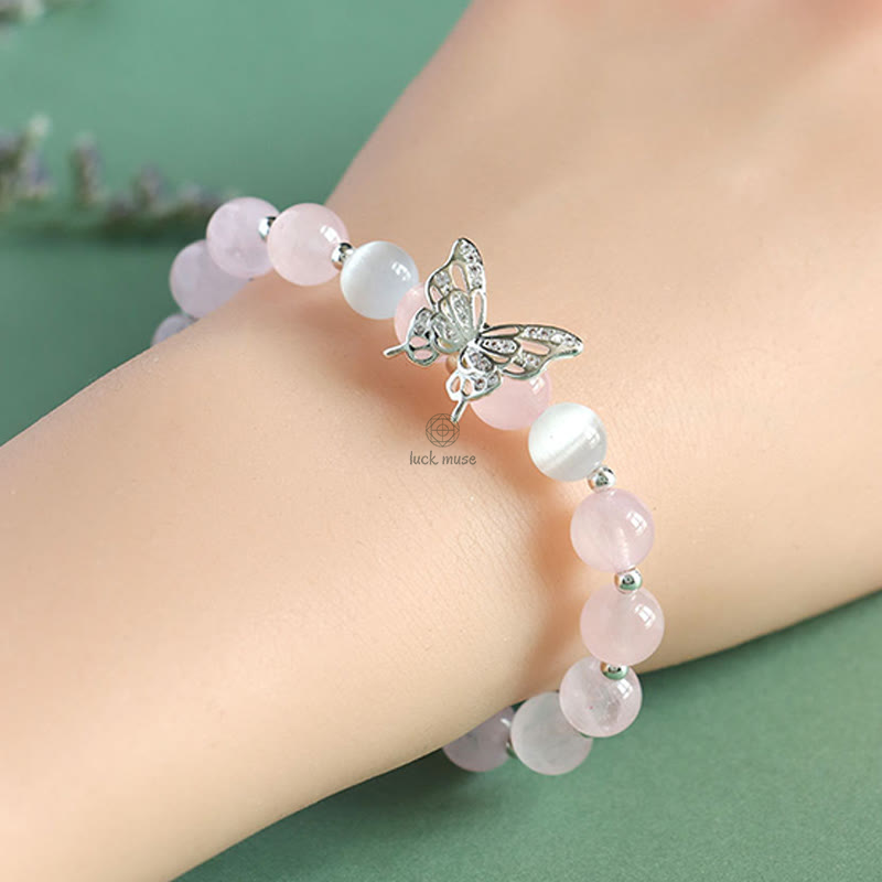 Blue Chalcedony and Pink Crystal Butterfly Energy Bracelet with Luck Muse - Image 6