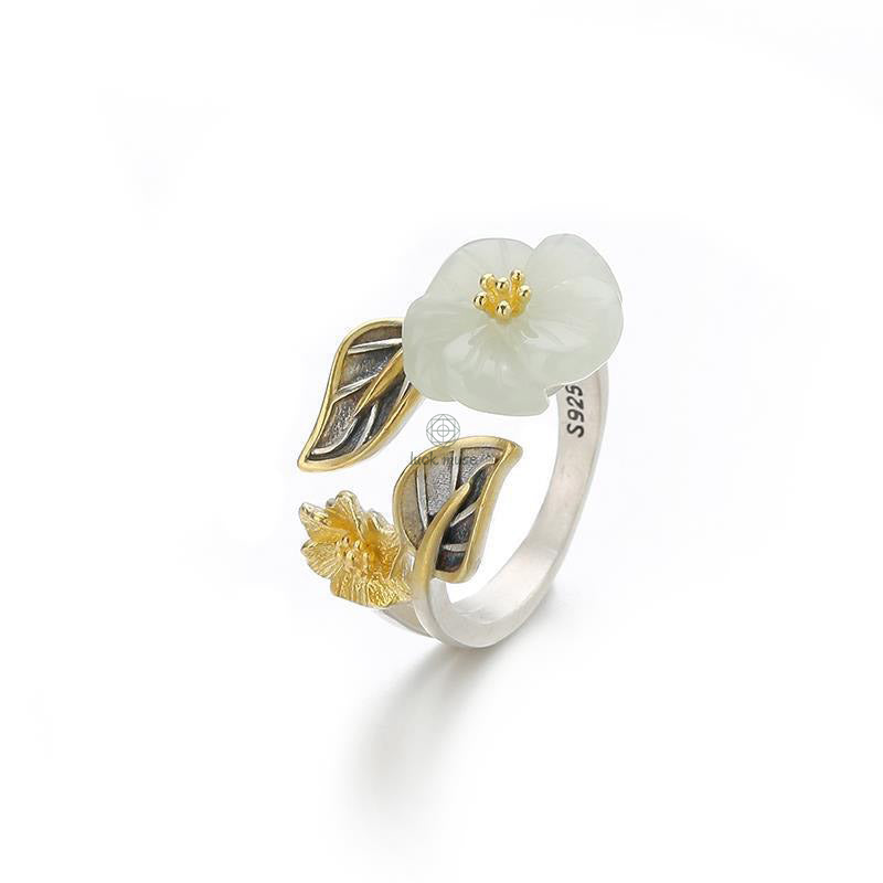 Luck Muse 925 Sterling Silver White Jade Plum Flower Leaf Luck Ring - Image 13