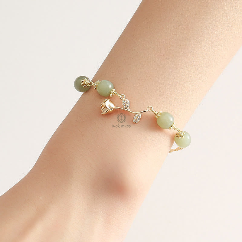Luck Muse 14K Gold Plated Hetian Jade Rose Flower Luck Chain Bracelet - Image 7