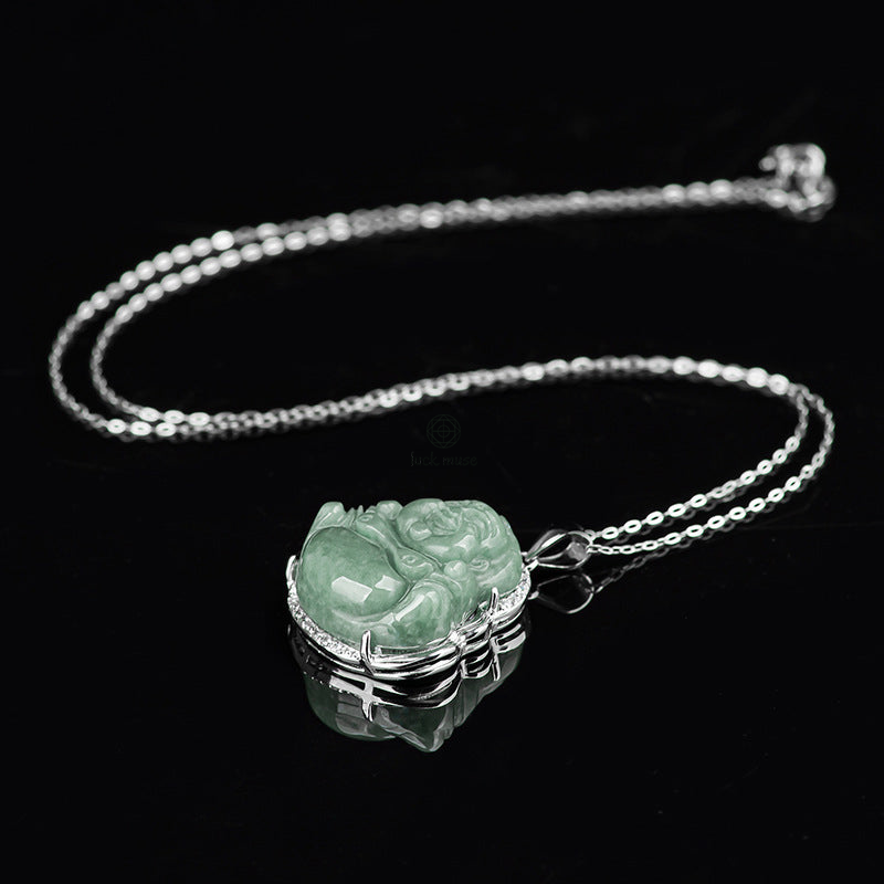 925 Sterling Silver Laughing Buddha Jade Abundance Necklace Pendant - Image 10