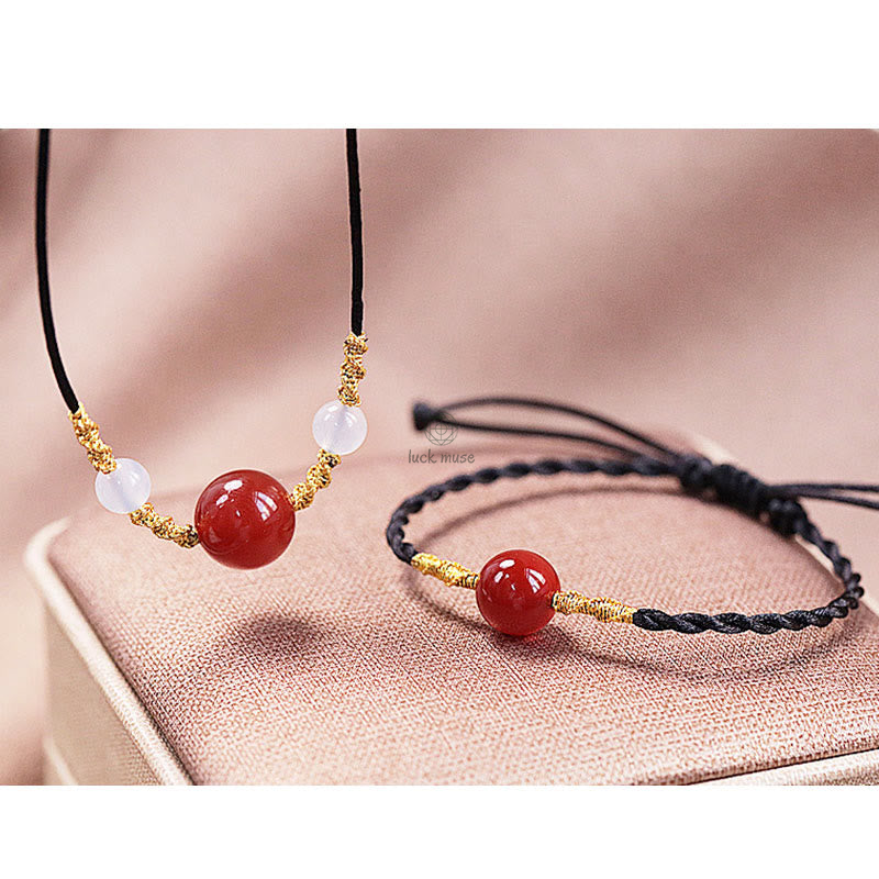 Natural Red Agate Chalcedony Self-Acceptance Confidence Bracelet Necklace Set - Image 5