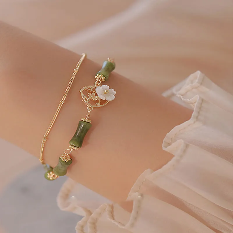 Luck Muse Double Layer Peridot Bamboo Flower Bracelet - 14k Gold Plated Copper, Symbolizing Wealth - Image 2