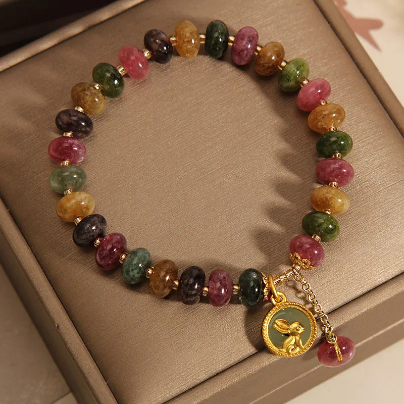 Colorful Tourmaline Rabbit Charm Bracelet - Positive Energy Zen Jewelry - Image 3