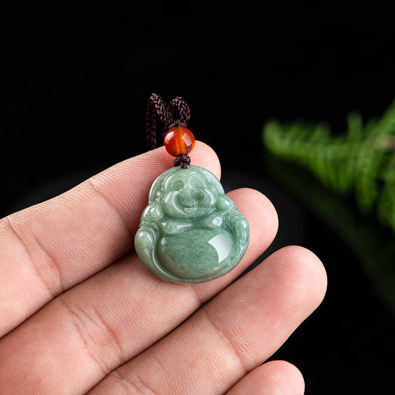 Laughing Buddha Cyan Jade Success Pendant Necklace - Image 7