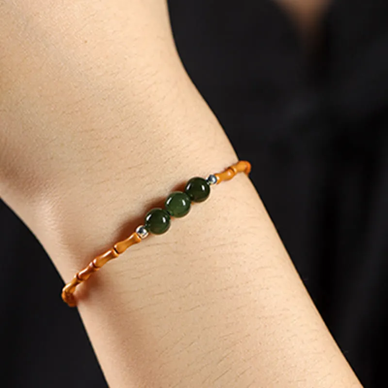 Bamboo Pattern Hetian Jade Beads Luck Bracelet with Luck Muse and Olive Pit - Natural - Image 13