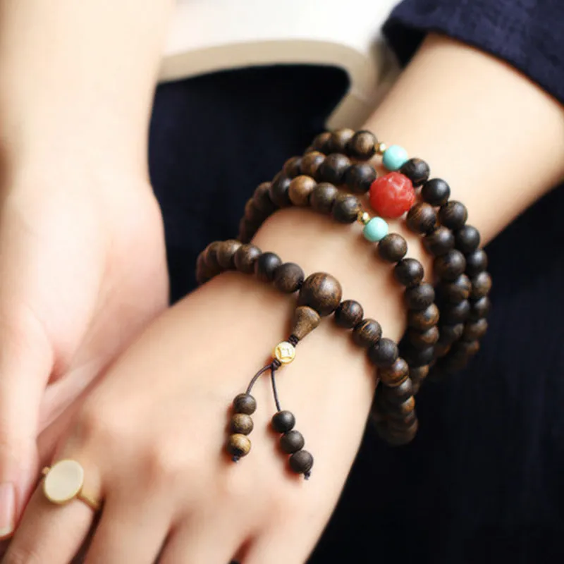 Luck Muse 108 Mala Beads Peace Meditation Bracelet with Agarwood, Red Agate, and Turquoise - Image 4