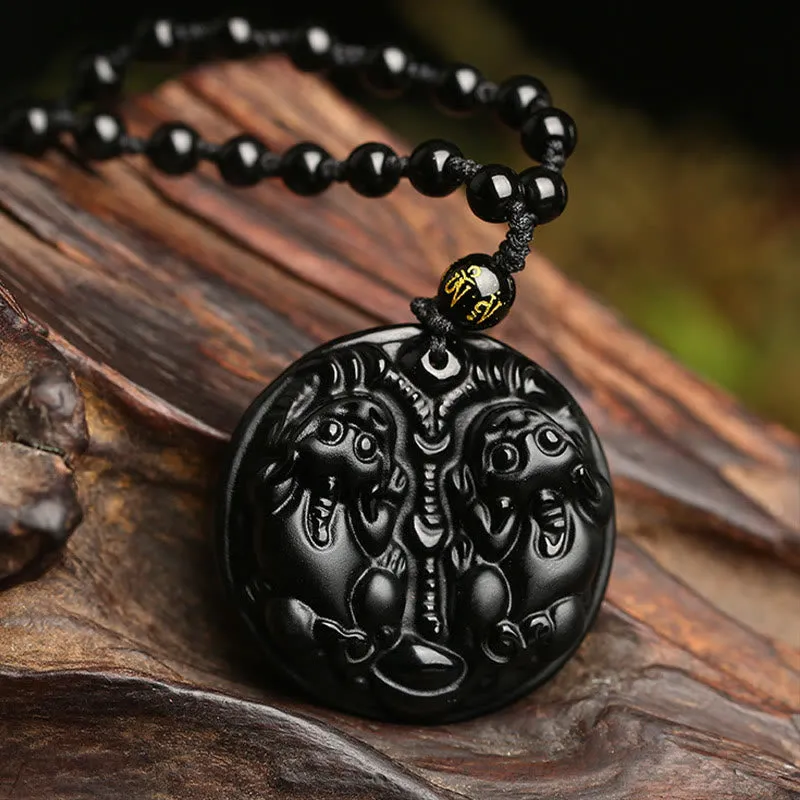 Black Obsidian Pixiu Bead Necklace Pendant - Luck Muse Purification