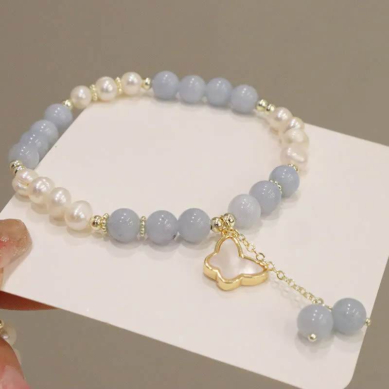 Aquamarine Pearl Healing Bracelet with Ginkgo Leaf and Butterfly Charm - Image 9