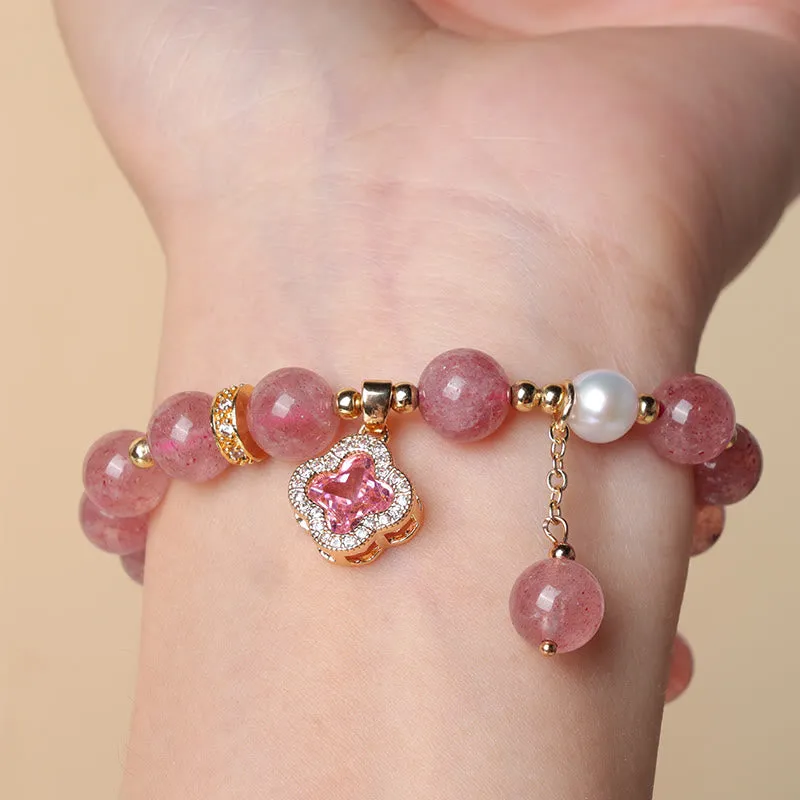 Luck Muse Strawberry Quartz and Pearl Four Leaf Clover Charm Bracelet for Healing - Image 4