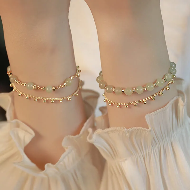 Luck Muse Shop 14K Gold-Plated Double Layer Hetian Jade Bead Bracelet for Luck and Prosperity - Image 11