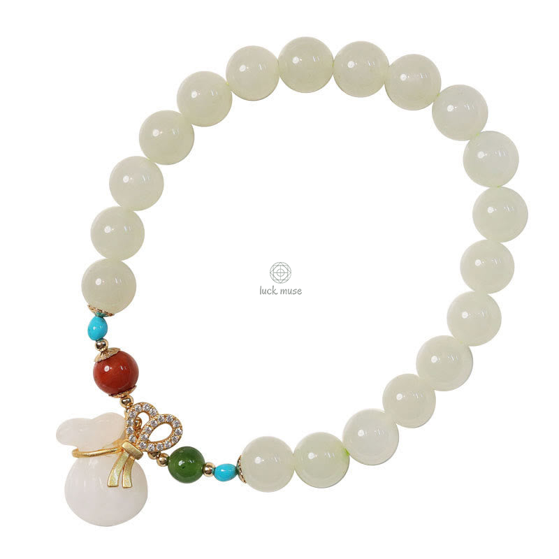 Luck Muse Hetian White Jade Bracelet with 14K Gold Plated Money Bag Blessing - Image 7