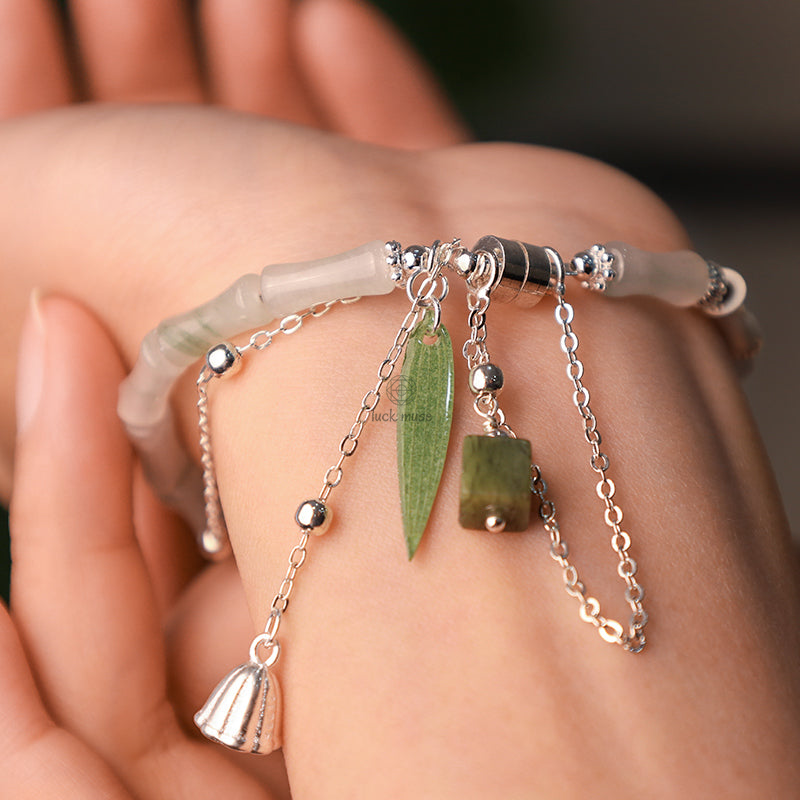 Bamboo Leaf Lantern Charm Happiness Bracelet with Natural White Jade in 925 Sterling Silver - Image 3