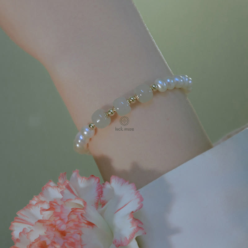 Luck Muse 14K Gold Plated Sincerity Bead Chain Bracelet with Natural Pearl, Hetian Cyan Jade, and White Jade - Image 26
