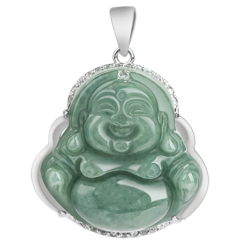925 Sterling Silver Laughing Buddha Jade Abundance Necklace Pendant - Image 13