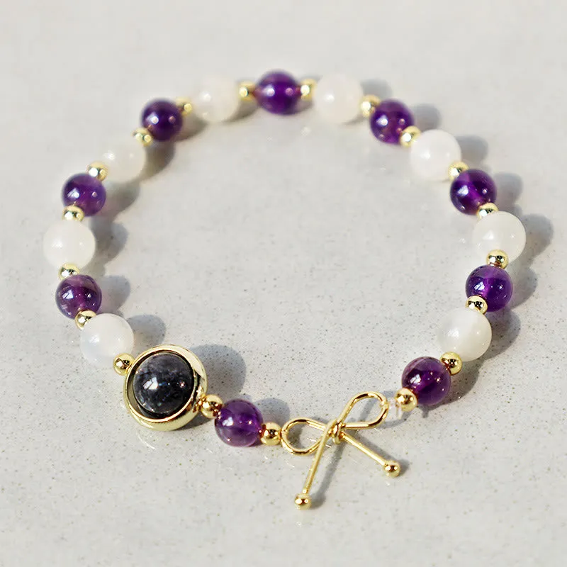 Spiritual Bead Bracelet with Amethyst, Cat's Eye, and Black Rutilated Quartz