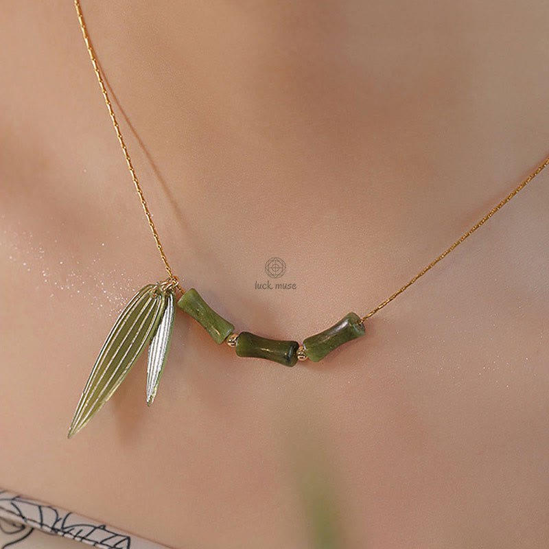 Bamboo Leaf Jade Luck Muse Wealth Necklace Pendant - Image 9