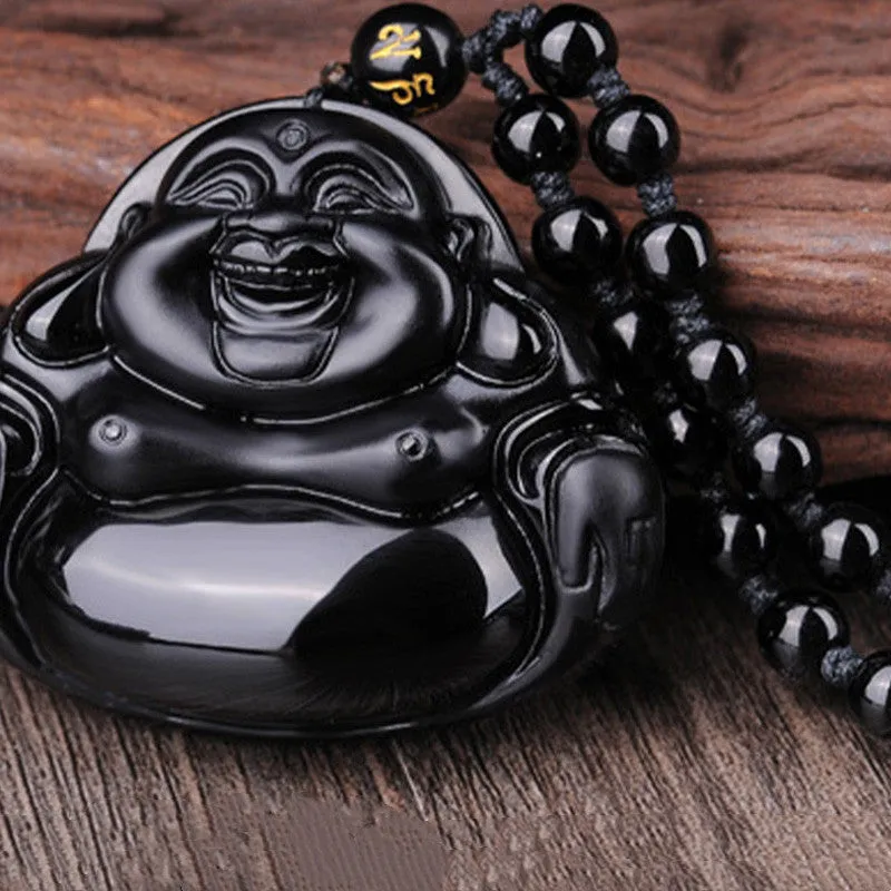 Laughing Buddha Black Obsidian Pendant Necklace - Luck Muse Transformation Collection - Image 5