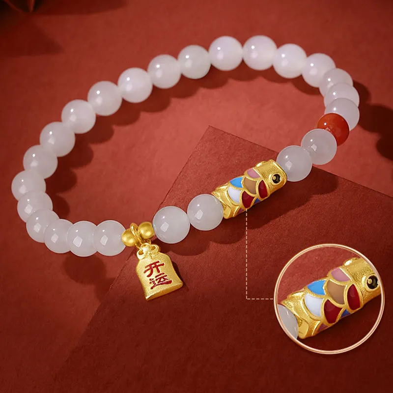 Hetian White Jade and Red Agate Koi Fish Luck Bracelet in 925 Sterling Silver - Image 5